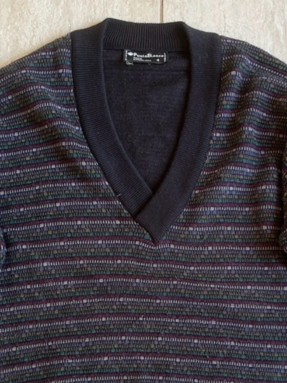 Punto Blanco Geometric Print Sweater Black Multicolor V Neck Retro Knit 4